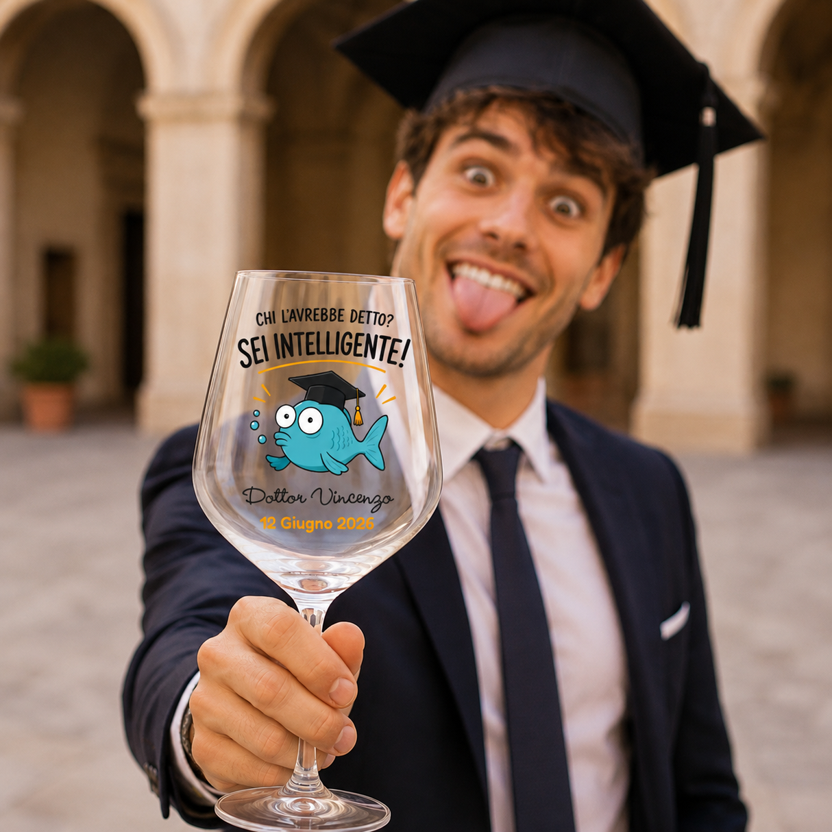 Calice da vino in vetro trasparente con grafica laurea, tenuto a mano.