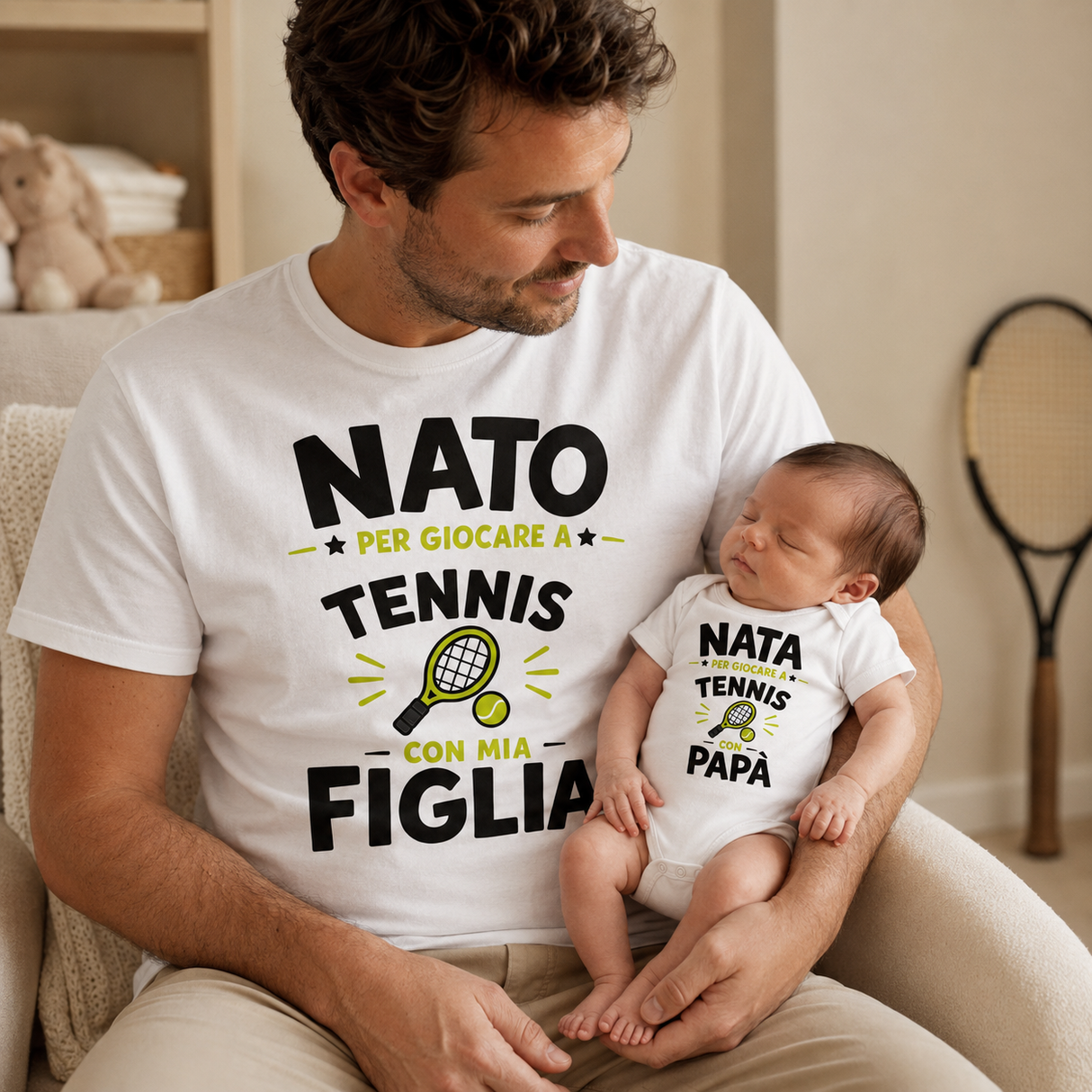 Set t-shirt bianche papà e figlio/a con stampa “NATA” per giocare a tennis