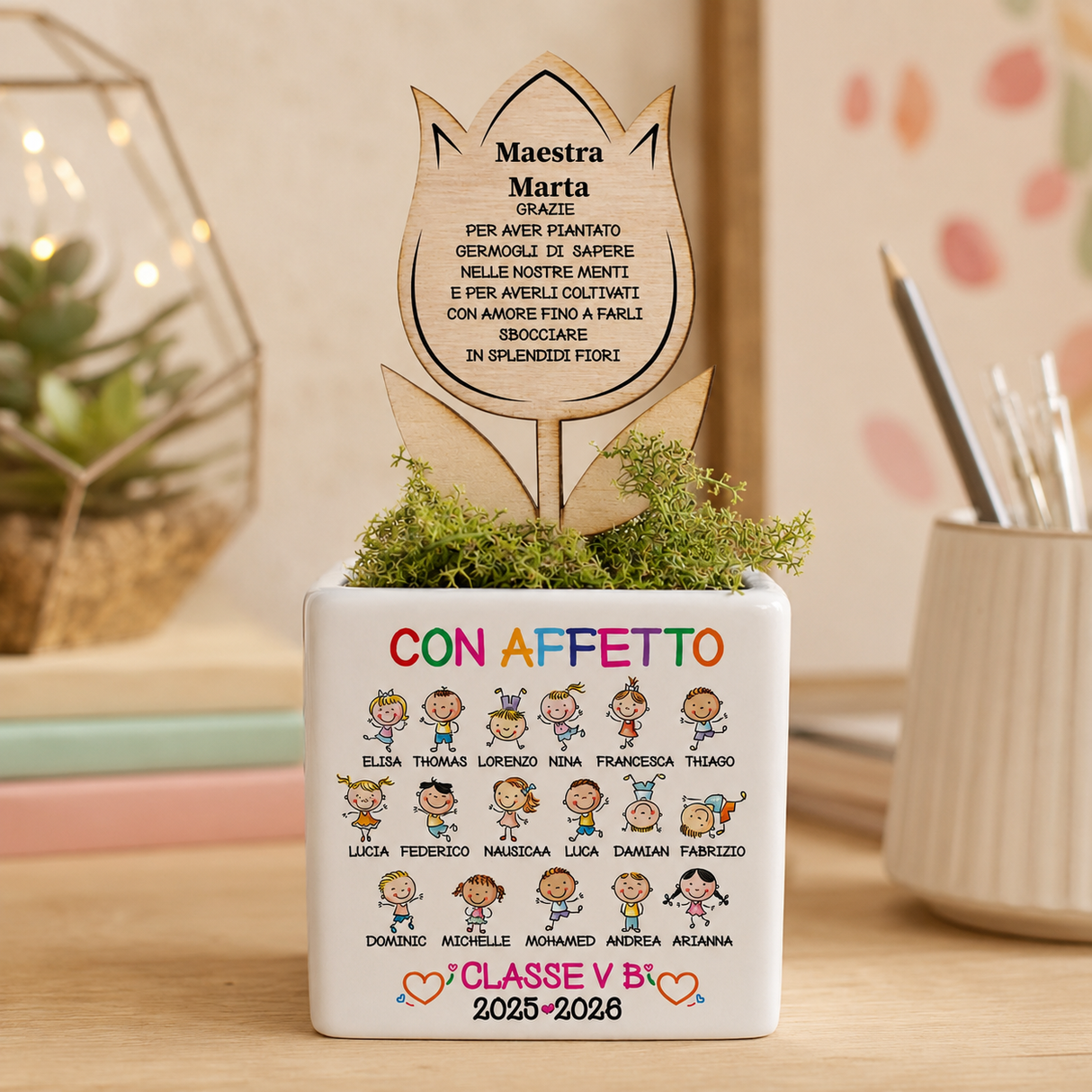 Vasetto personalizzato per maestra con nomi bambini e dedica “Con affetto”