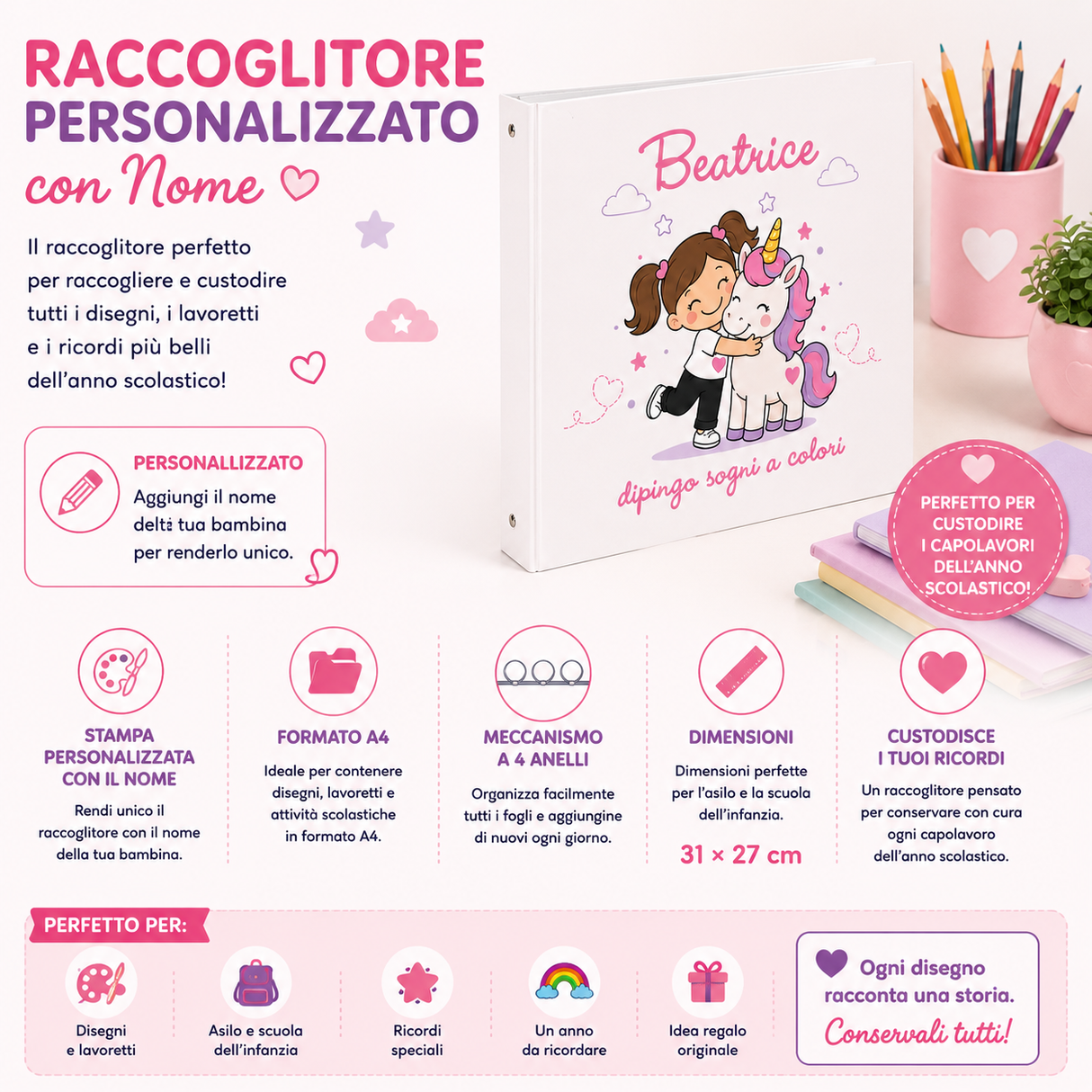 Raccoglitore A4 personalizzato con unicorno rosa e nome, meccanismo ad anelli