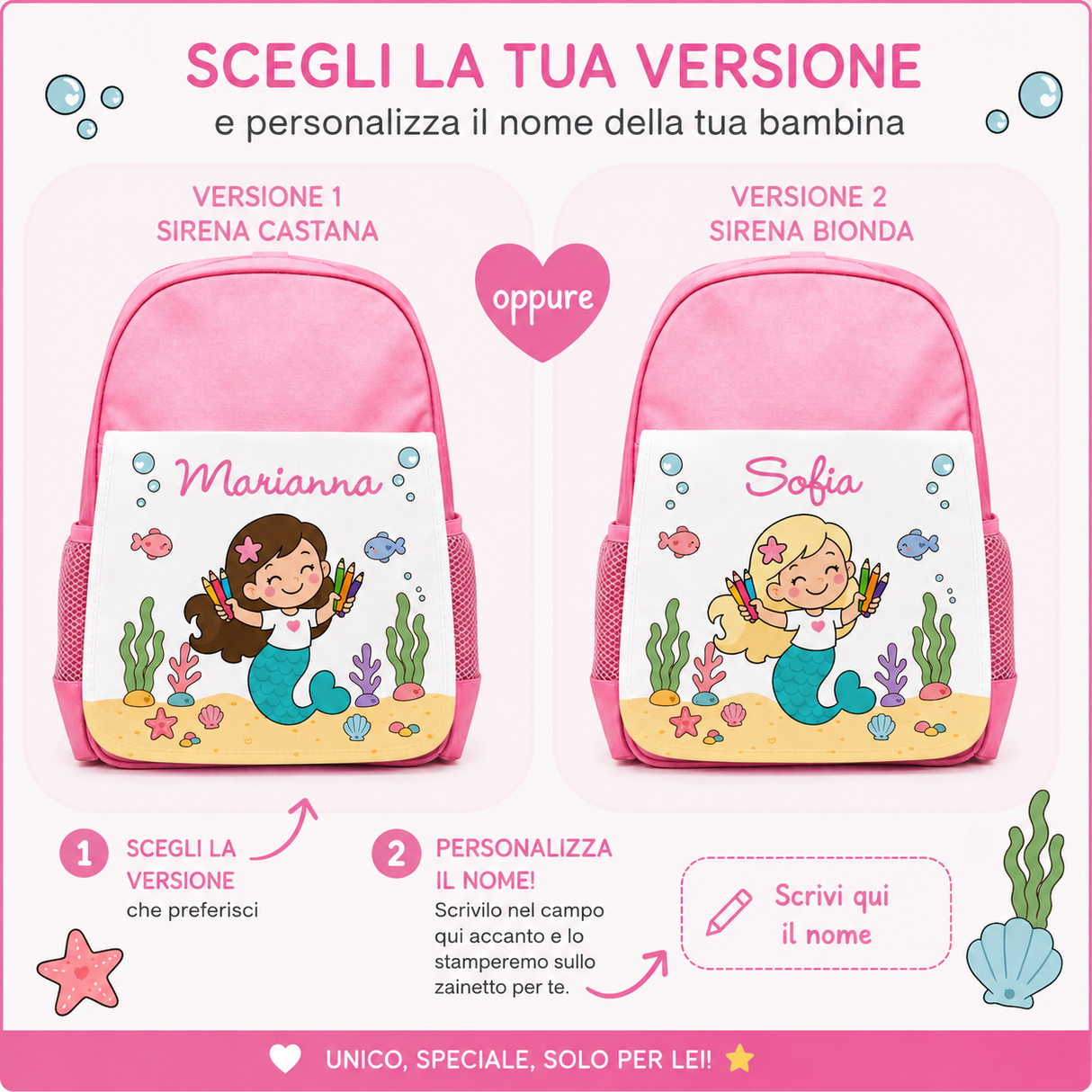 Zainetto rosa personalizzato con due versioni: Marianna o Sofia, stampa sirenetta
