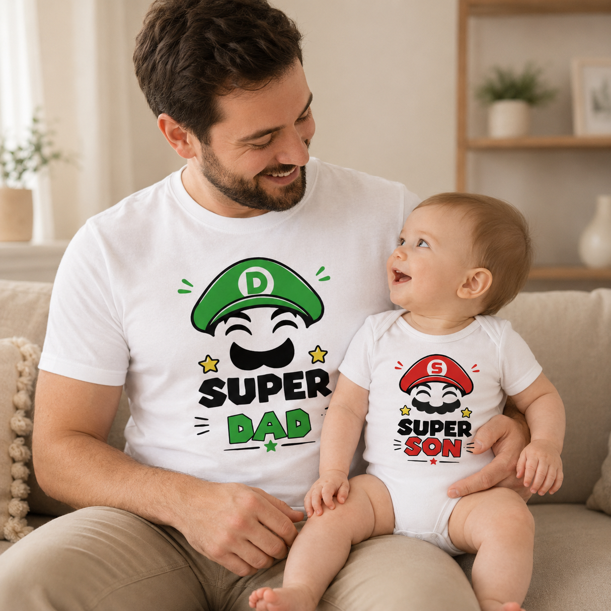 Maglietta bianca Super Dad e body bianco Super Son con stampa a cappello