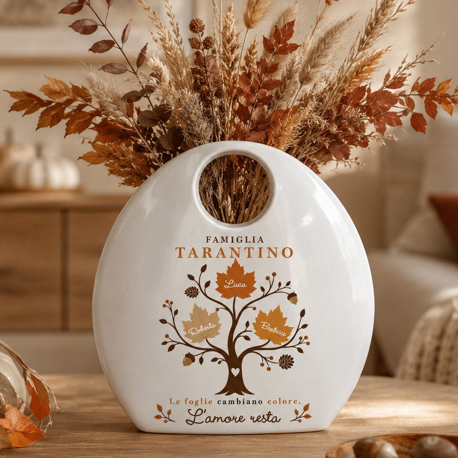 Vaso bianco rotondo con albero autunnale personalizzato, foro superiore e testo in basso