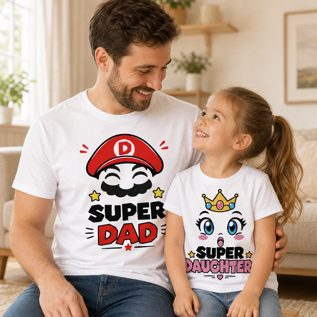 Completo di magliette bianche Super Dad e Super Daughter, indossate da padre e figlia