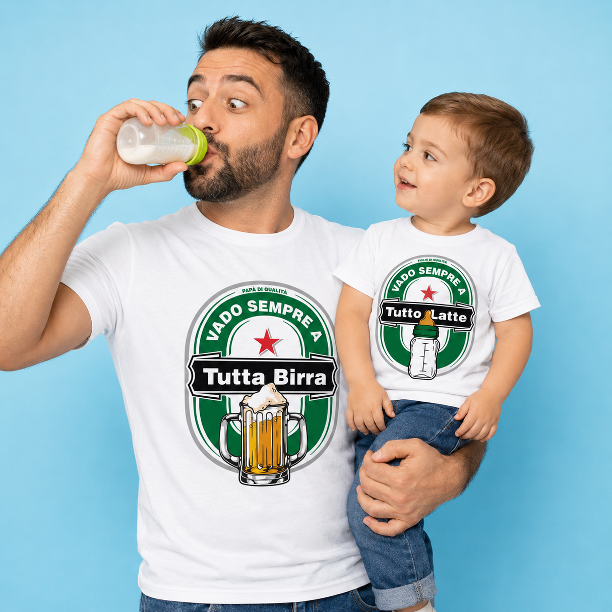 Magliette bianche coordinate: “Tutta Birra” sul padre e “Tutto Latte” sul bimbo