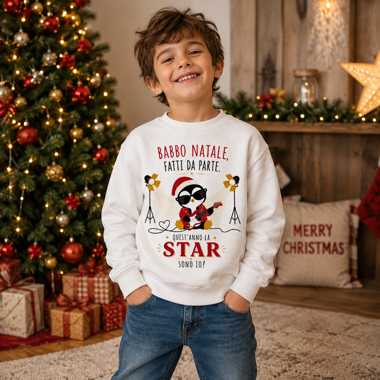 Felpa bimbo bianca a collo tondo con grafica Babbo Natale, chitarra e Star