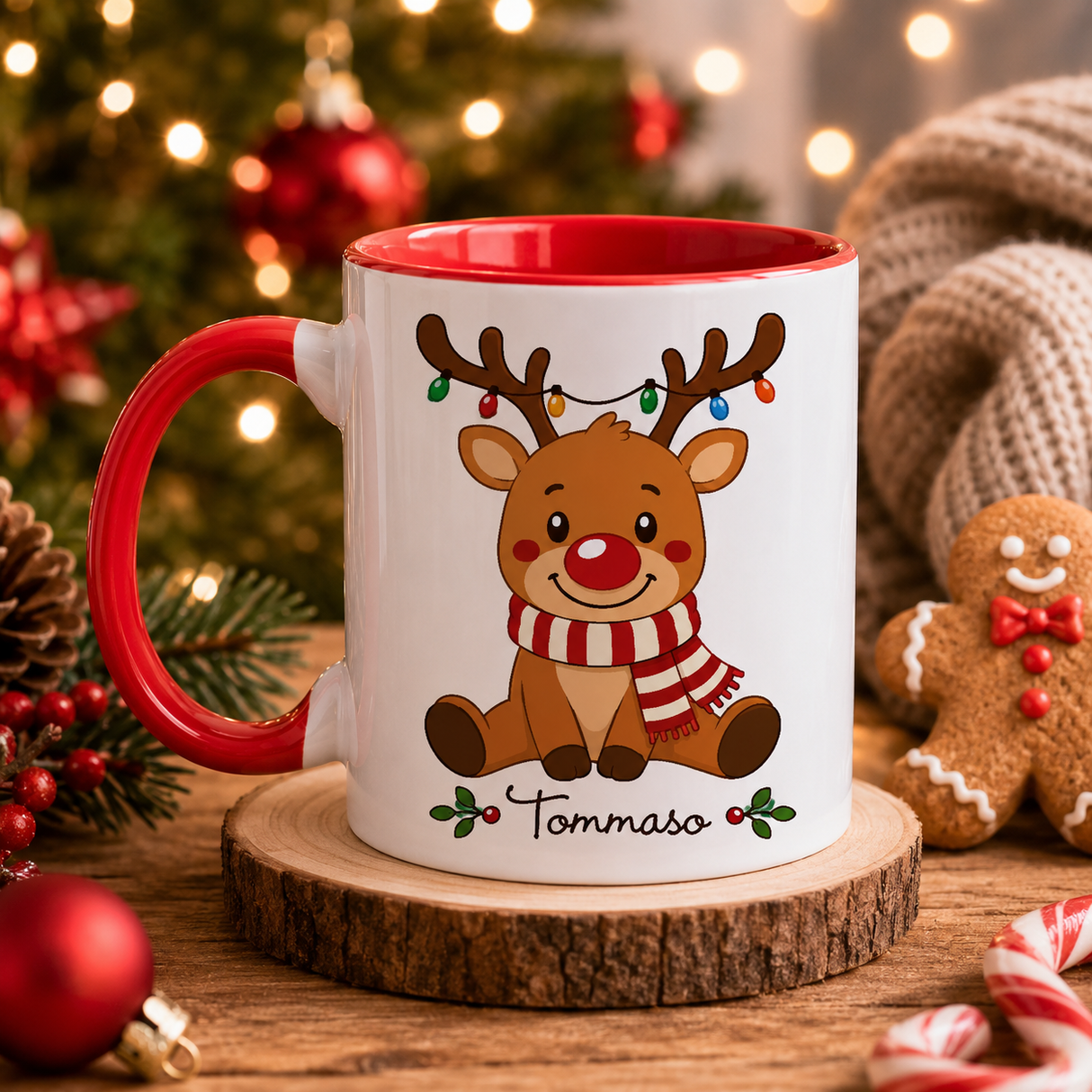 Tazza di ceramica rossa e bianca con interno rosso, renna e nome Tommaso
