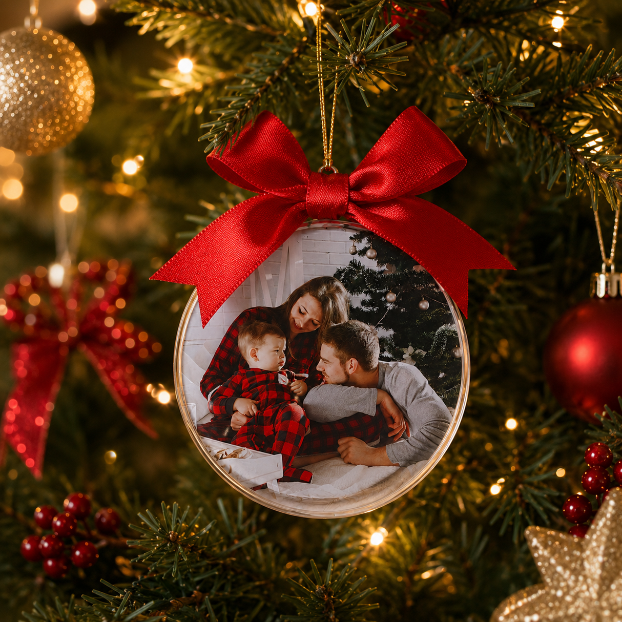 Pallina natalizia trasparente con foto famiglia e fiocco rosso, appesa all’albero.