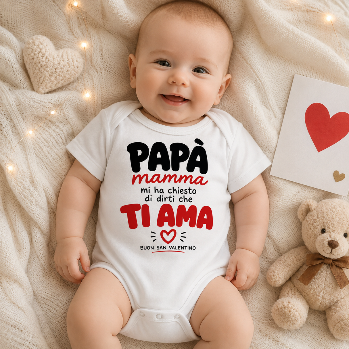 Tutina neonato bianca con stampa “PAPÀ mamma” e “TI AMO”, indossata dal bambino