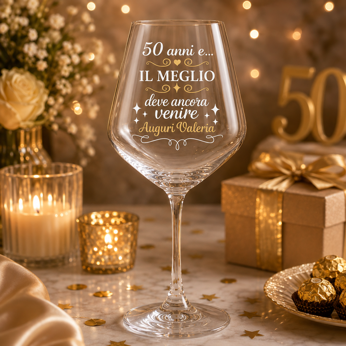 Calice di vetro trasparente con scritta 50 anni e auguri Valeria