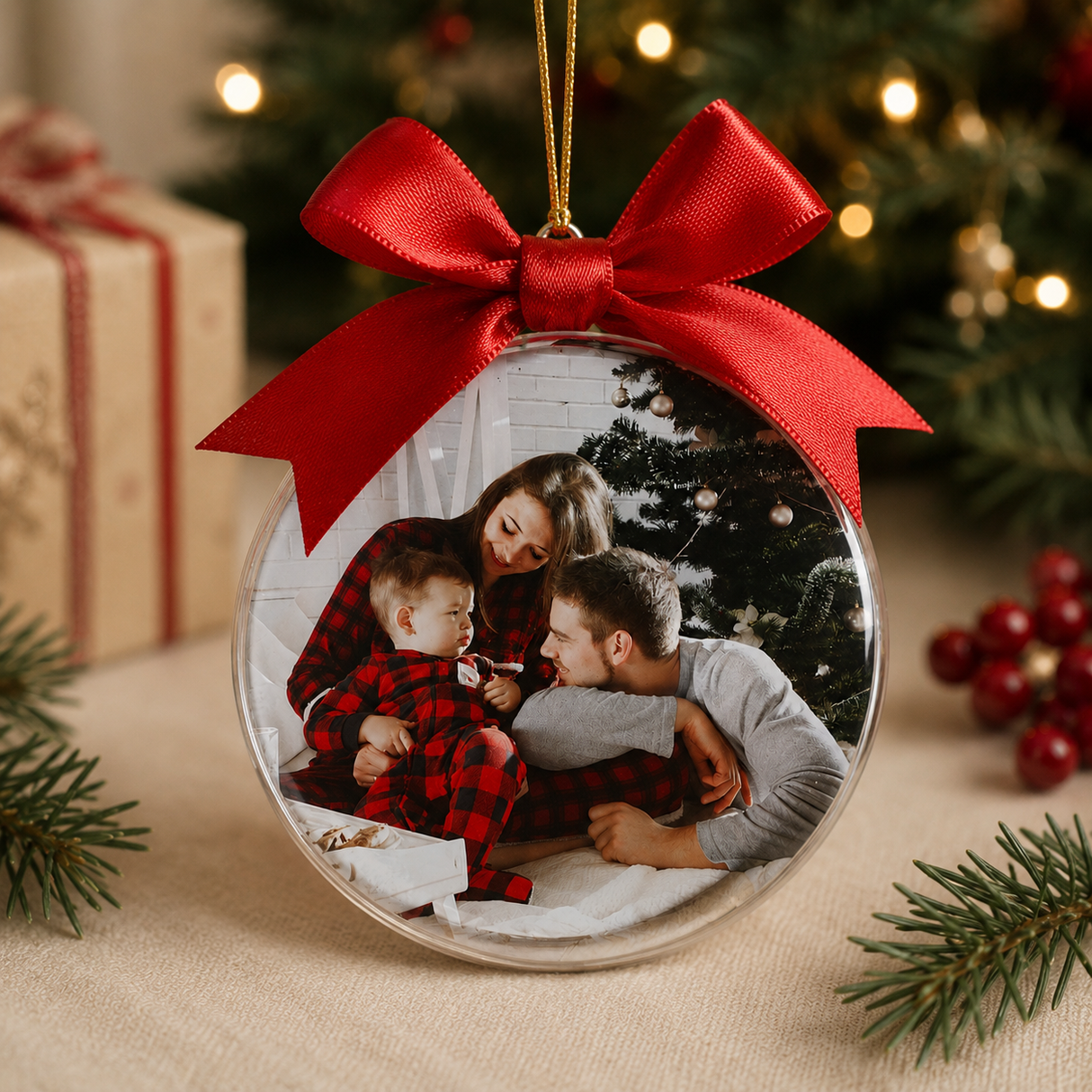 Pallina natalizia trasparente con foto famiglia e fiocco rosso, cordino dorato.