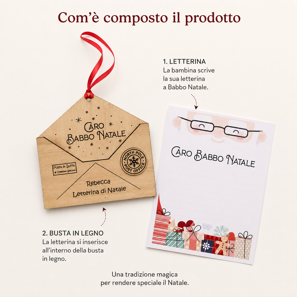 Set letterina di Babbo Natale: busta in legno con nastrino e foglio da scrivere