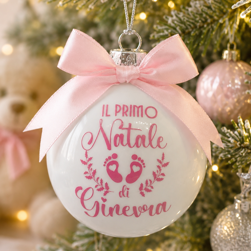 Pallina vetro con fiocco rosa e scritta “Il primo Natale di Ginevra”