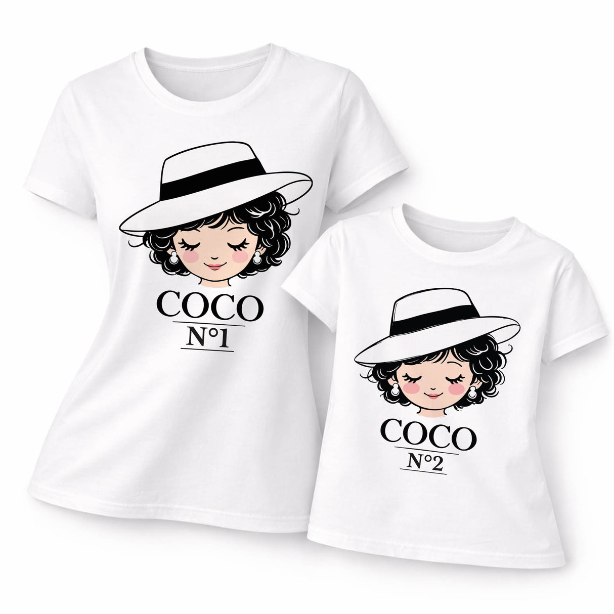 Set di 2 magliette bianche coordinate con stampa COCO N°1 e COCO N°2, cappello