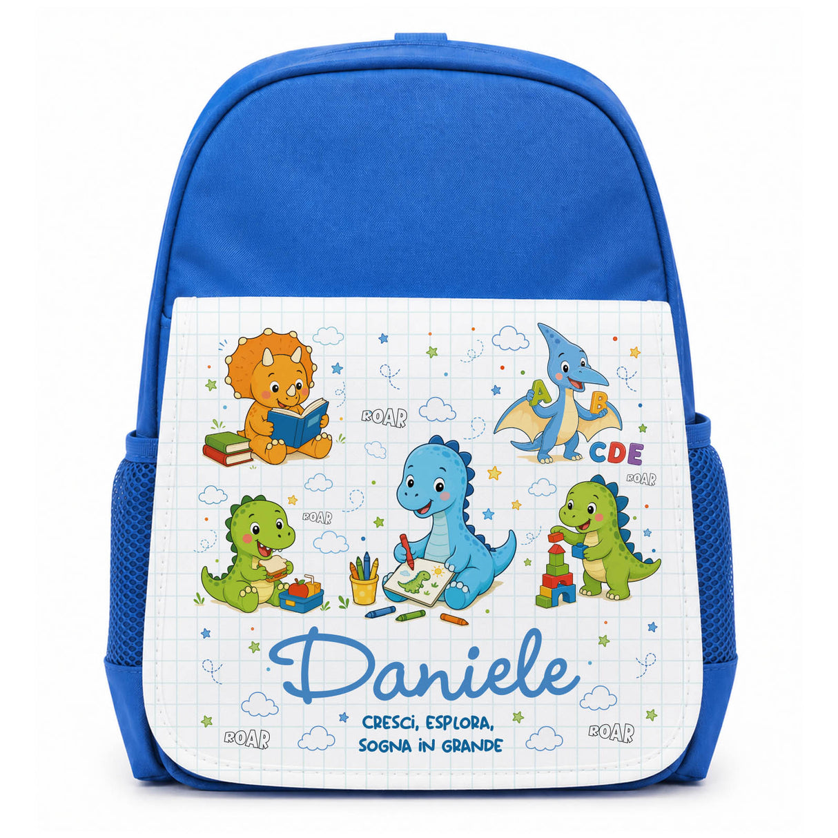 Zainetto asilo blu con stampa dino e nome Daniele, tasca frontale e spalline