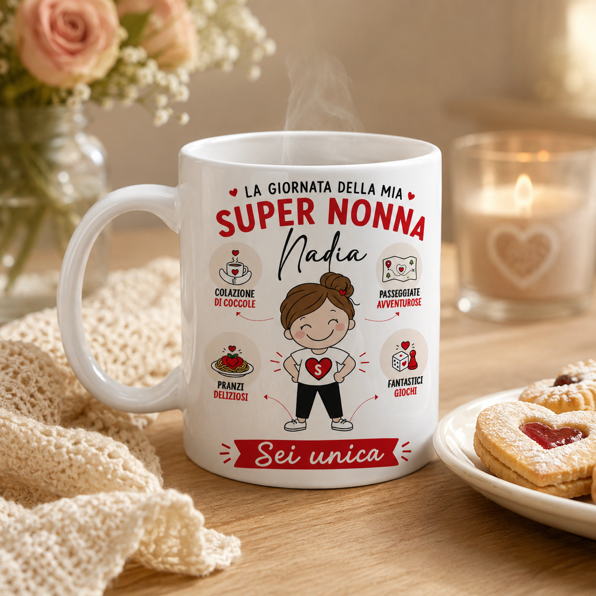 Tazza bianca in ceramica con scritta “Super Nonna” e nome Nadia