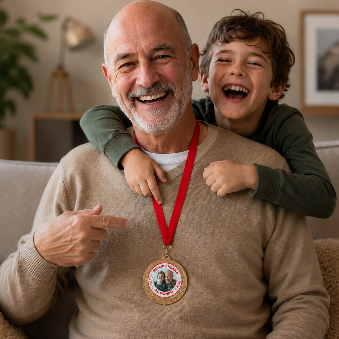 Medaglia rotonda con nastro rosso al collo su felpa beige