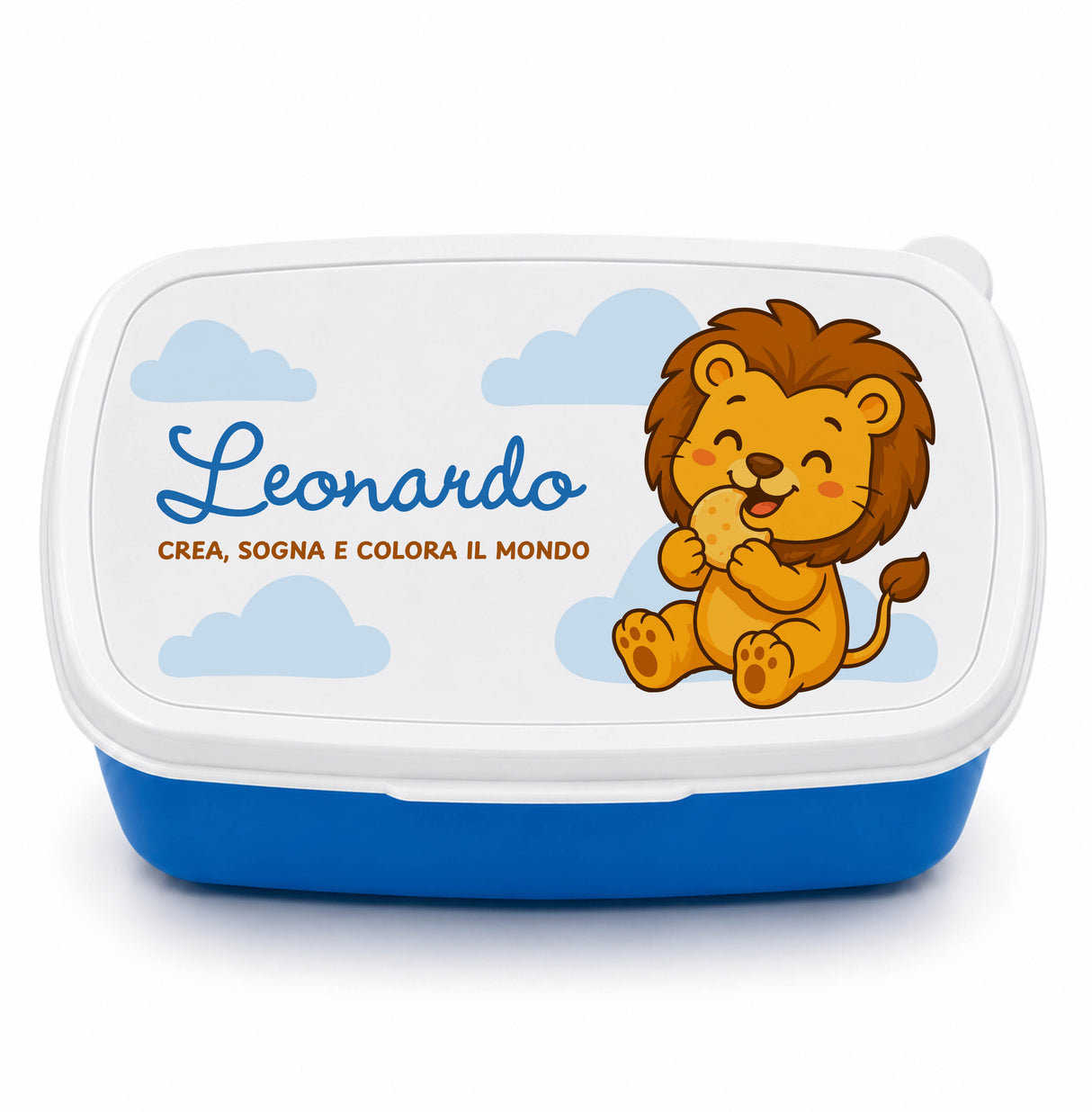 Scatola pranzo personalizzata blu con coperchio bianco e leoncino sognatore