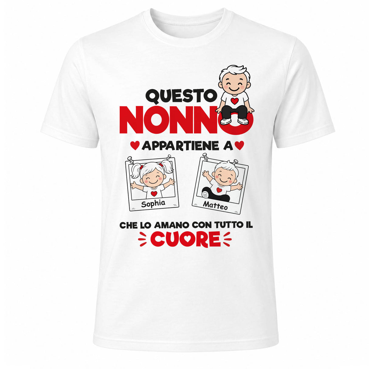 Maglietta bianca con stampa “Questo Nonno appartiene a” e nomi dei nipoti