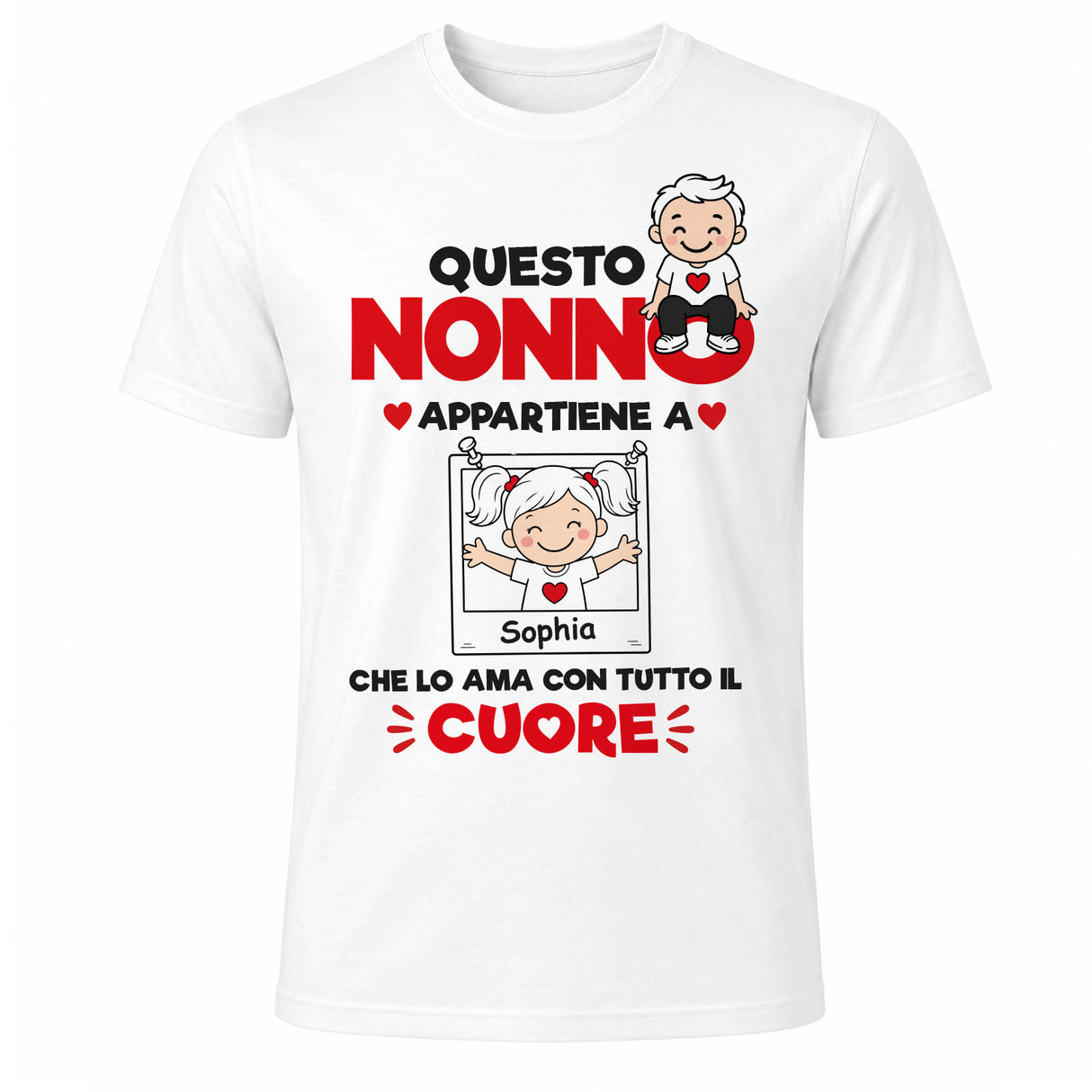 Maglietta bianca con stampa “Questo Nonno appartiene a”, nome Sophia