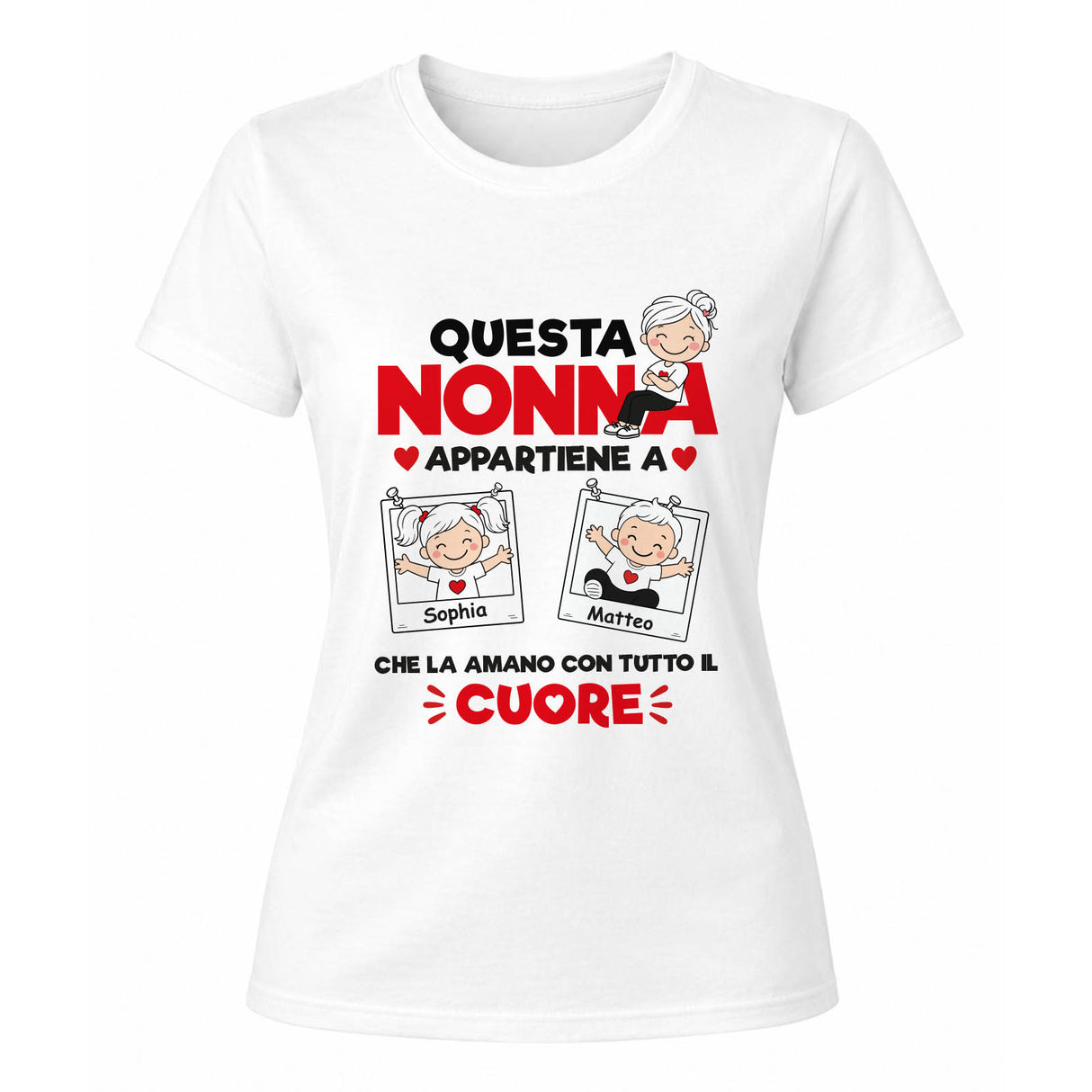 Maglietta bianca a maniche corte con due riquadri bimbi e scritta “Questa Nonna”