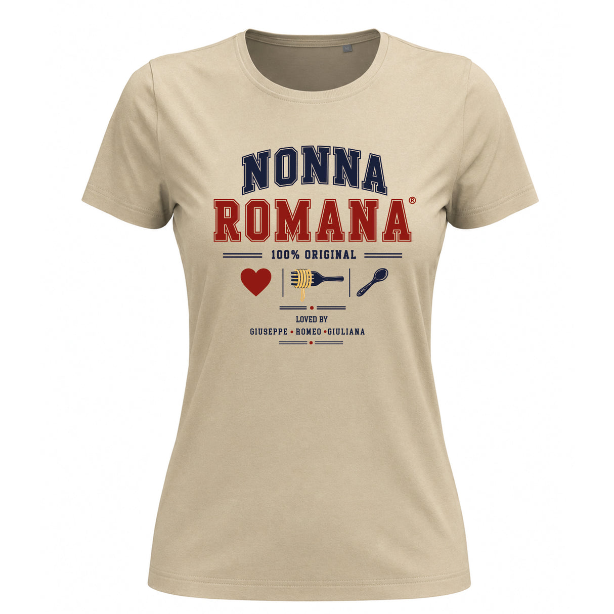 T-shirt beige NONNA ROMANA con stampa colorata, scritte e icone frontali
