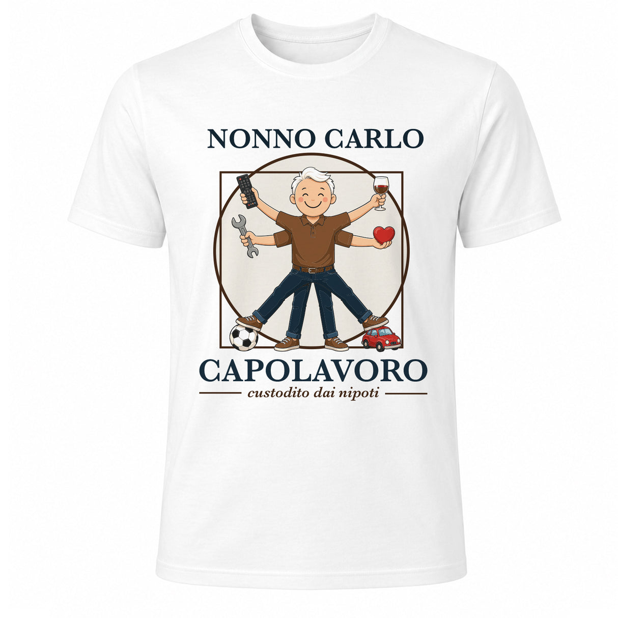 T-shirt bianca con stampa frontale “NONNO CARLO CAPOLAVORO” e nonno con calcio