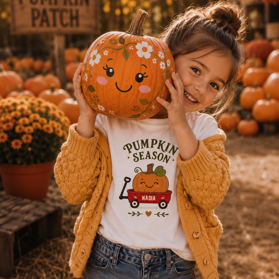 Maglietta bianca per bambino con stampa “Pumpkin Season” e zucca sorridente
