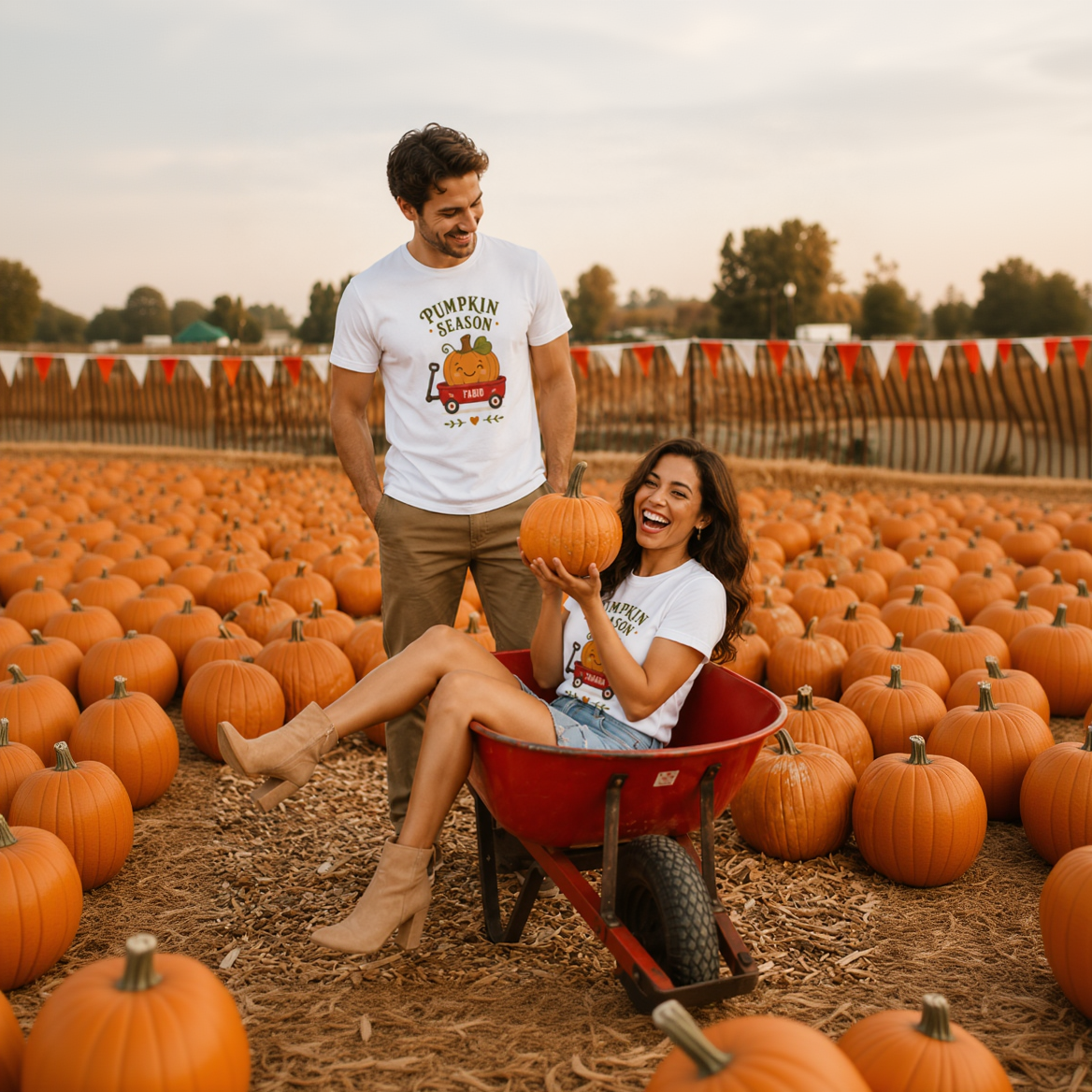 Maglietta bianca con stampa “Pumpkin Season” e zucca su carretto