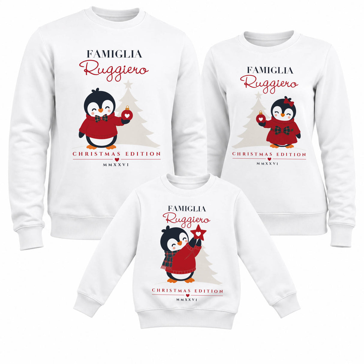Set di 3 felpe bianche con stampa pinguini e scritta Famiglia Ruggiero