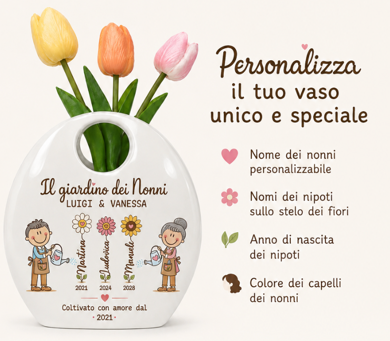 Vaso in ceramica con tulipani, “Il giardino dei nonni” e “Personalizza il tuo vaso unico e speciale”