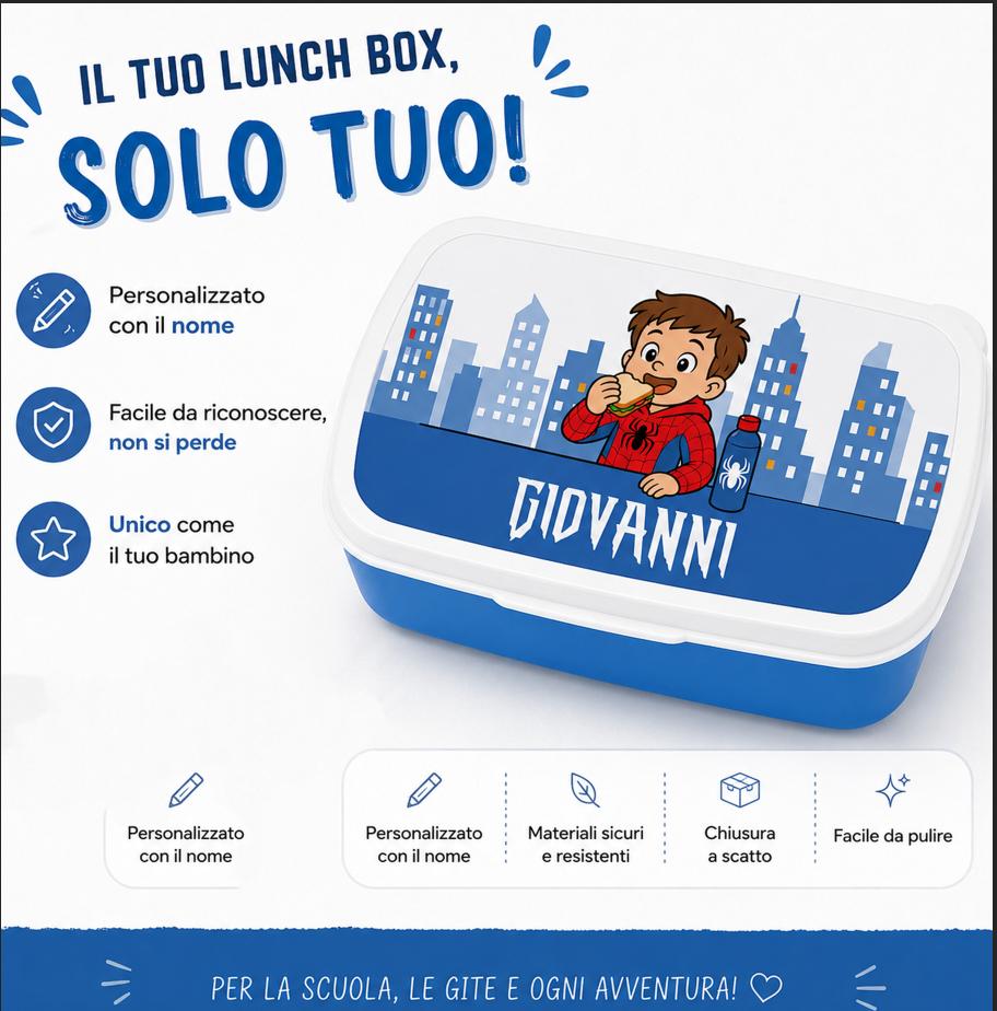 Scatola portamerenda blu con coperchio bianco, nome 'GIOVANNI' e illustrazione bimbo.