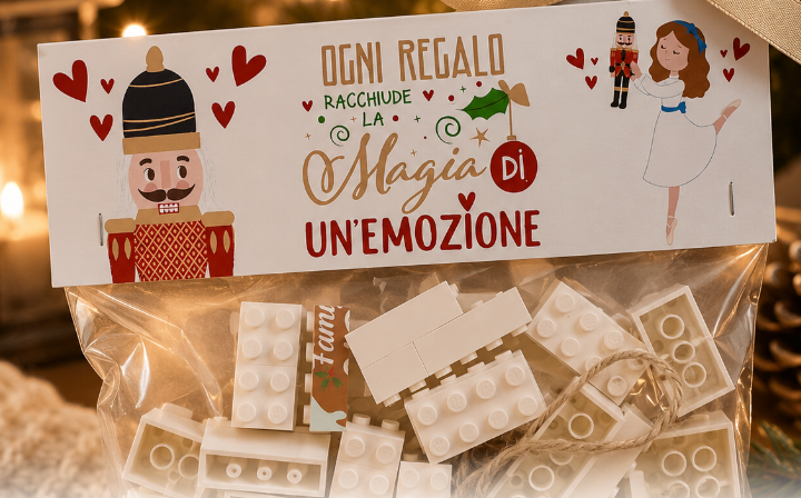 Kit di mattoncini bianchi in sacchetto trasparente con biglietto “Magia di un’emozione”