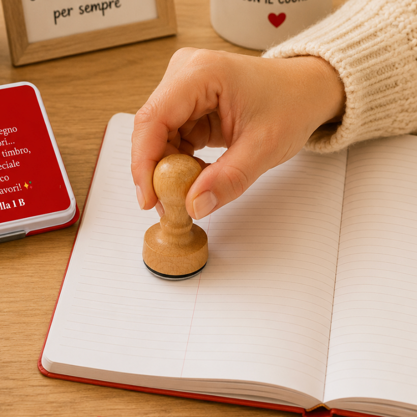 Timbro in legno personalizzato per maestra, impronta su carta con mano in uso