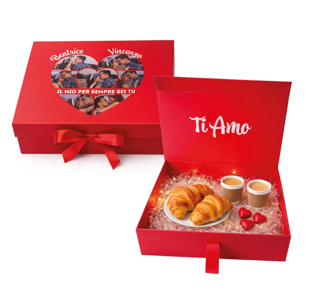 Scatola regalo rossa con cuore foto e “Ti Amo”; contiene cornetti e tazzine