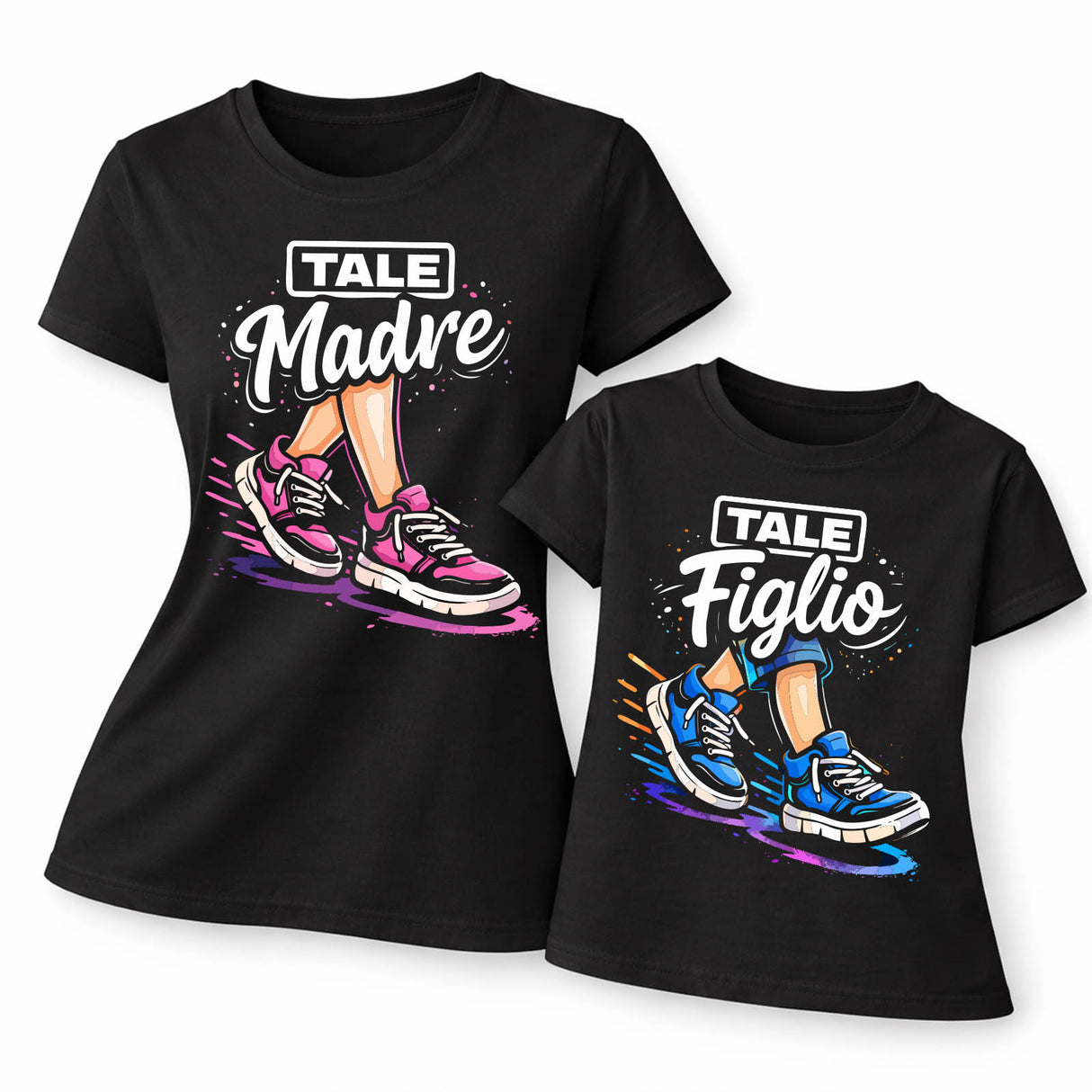 Set di t-shirt nere mamma e figlio con stampa TALE Madre e TALE Figlio, maniche corte