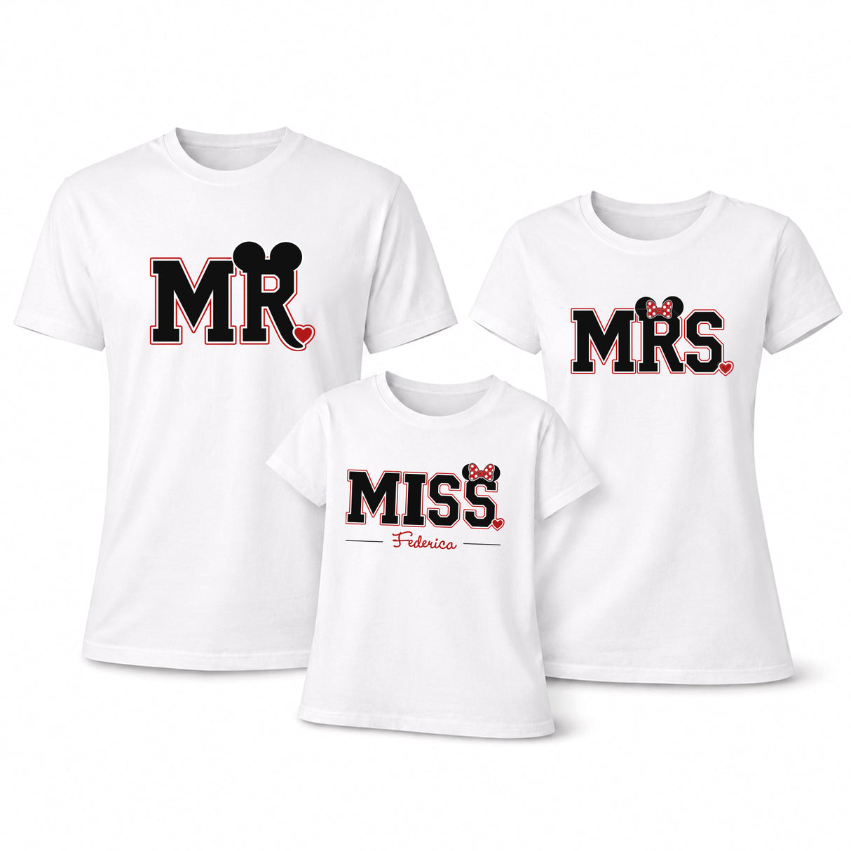 Set di 3 t-shirt bianche con stampa MR, MRS e MISS colorata, stile cartoon