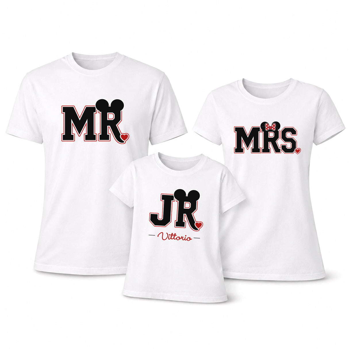 Set di 3 t-shirt bianche con stampa MR, MRS e JR, con cuori e lettering