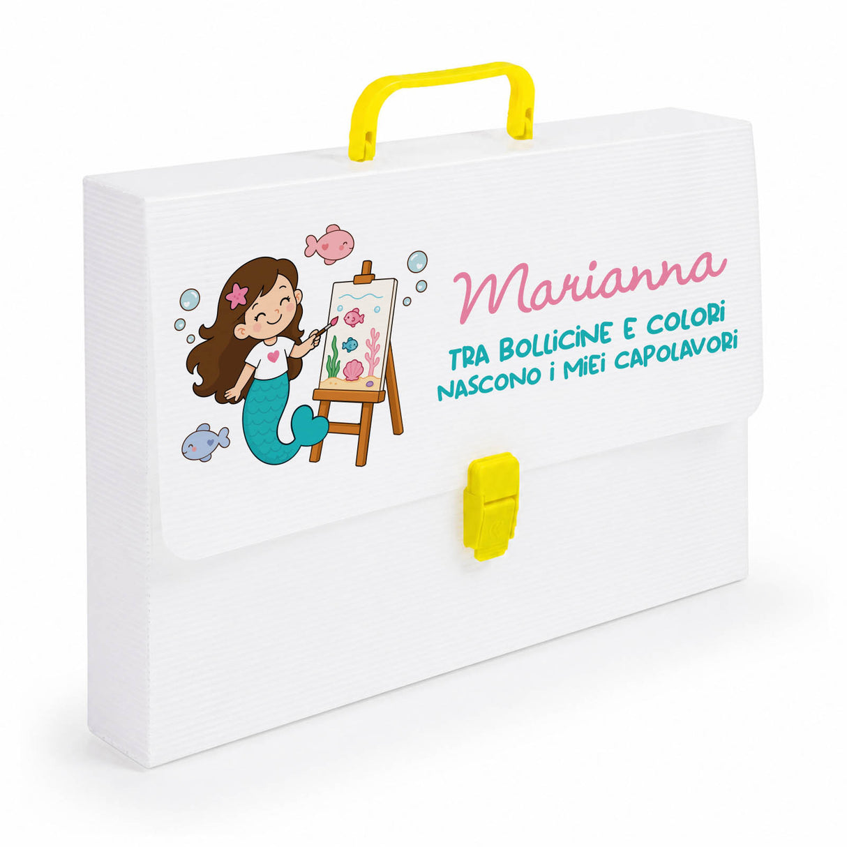 Valigetta polionda personalizzata con manico giallo, illustrazione sirena e nome Marianne