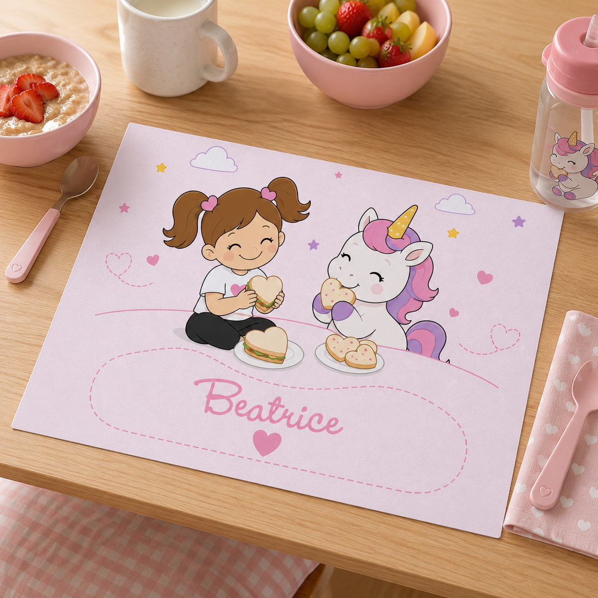 Tovaglietta personalizzata lilla con unicorno e nome Beatrice, cuori e stelline