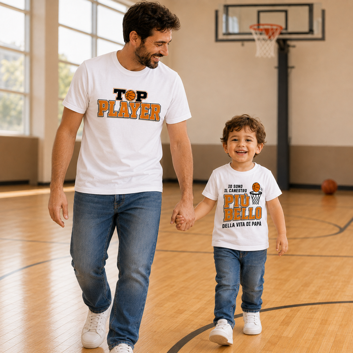 T-shirt bianche coordinate padre e figlio con scritta Top Player e Più Bello basket