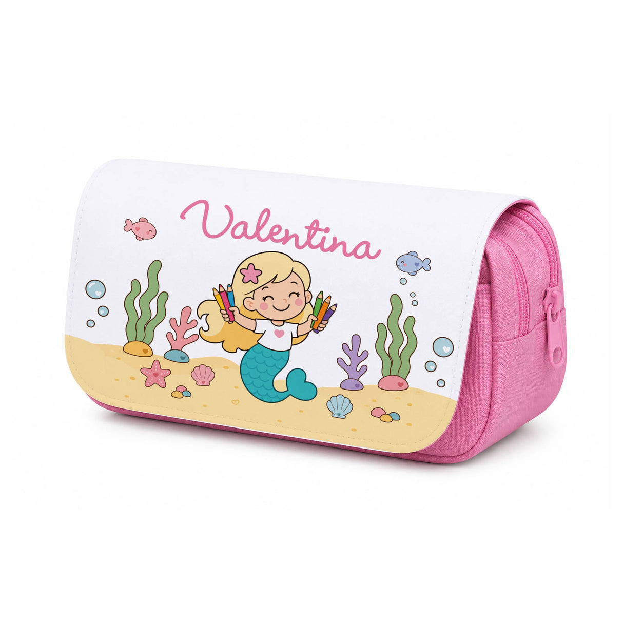 Astuccio rosa con nome Valentina e sirena, zip laterale e finitura bianca