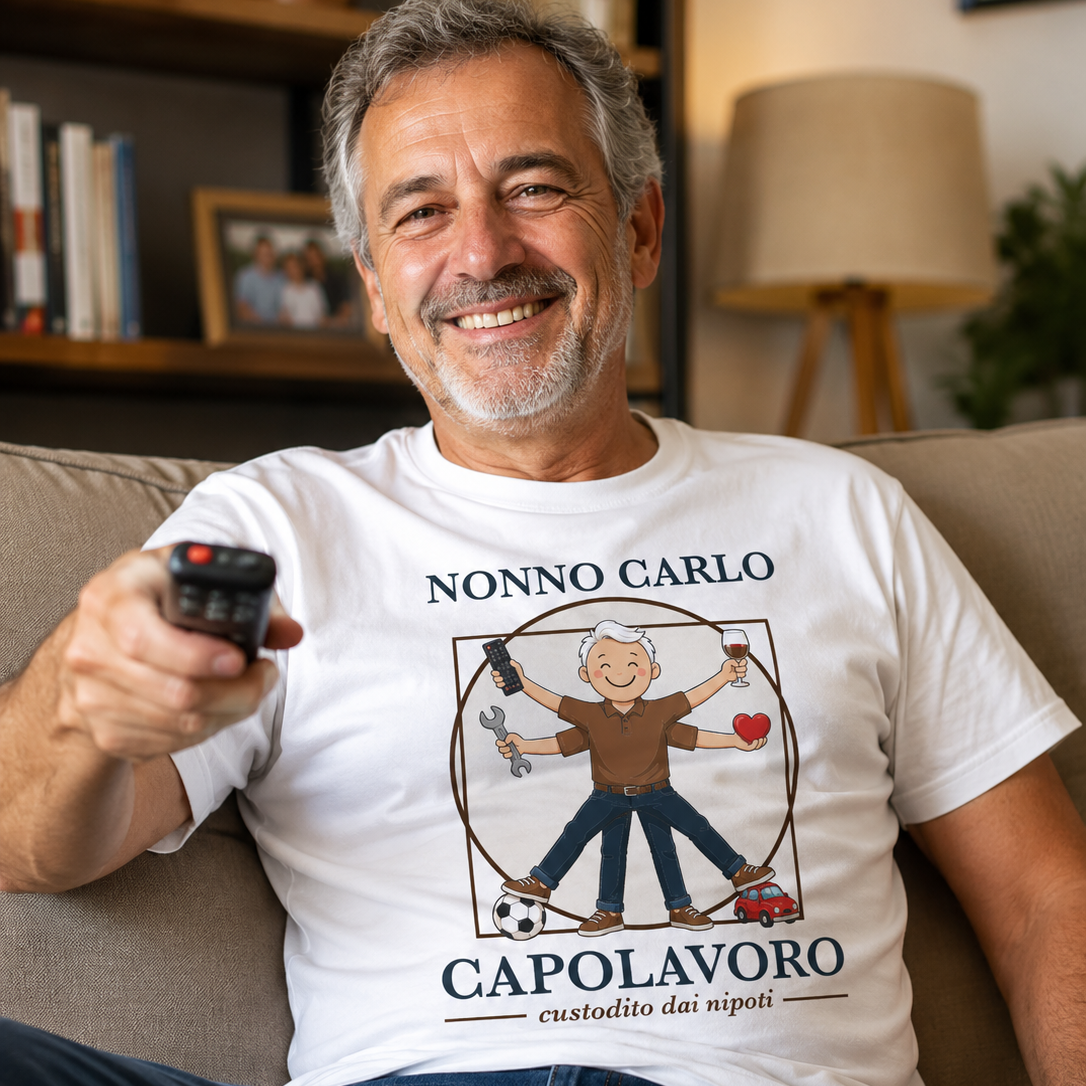 T-shirt bianca con stampa “NONNO CARLO” e “CAPOLAVORO”; dettagli del disegno sul petto