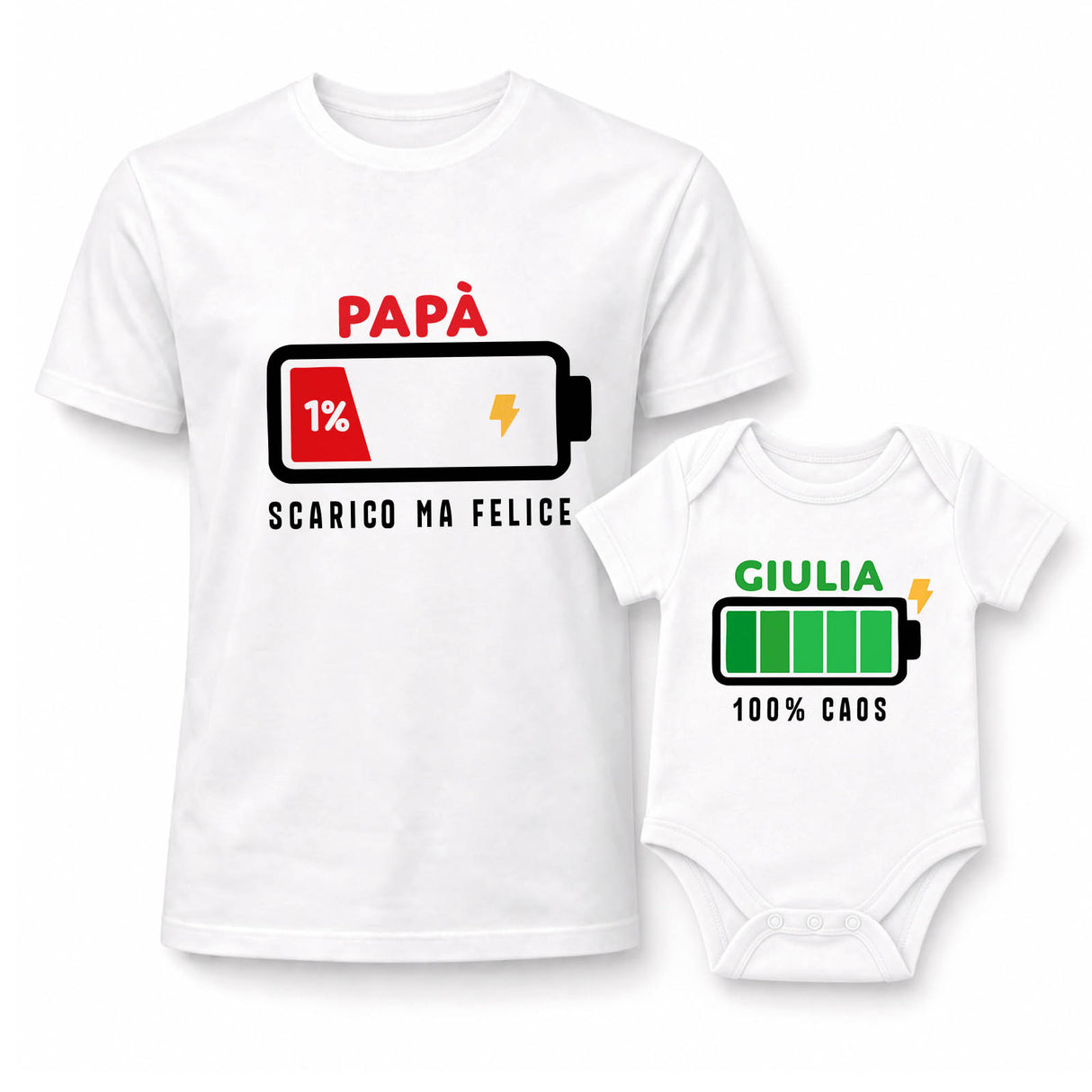 Set di magliette bianche papà e bimba con stampa batteria e nome GIULIA.