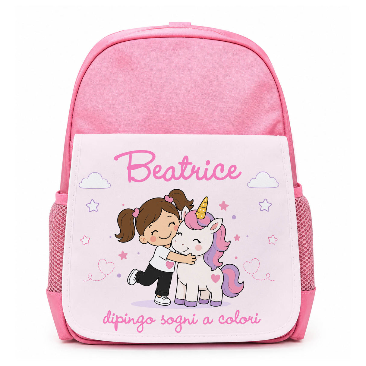 Zainetto asilo rosa con pannello bianco personalizzato Beatrice e unicorno