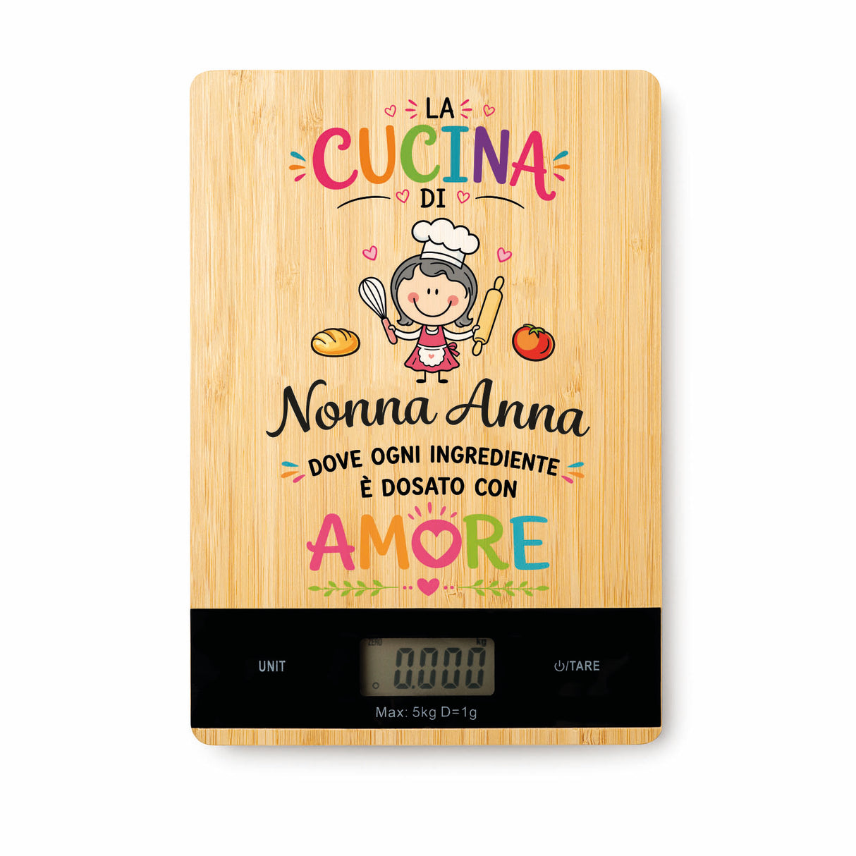 Bilancia da cucina in legno con display digitale e scritta 'Nonna Anna' 'Amore'.