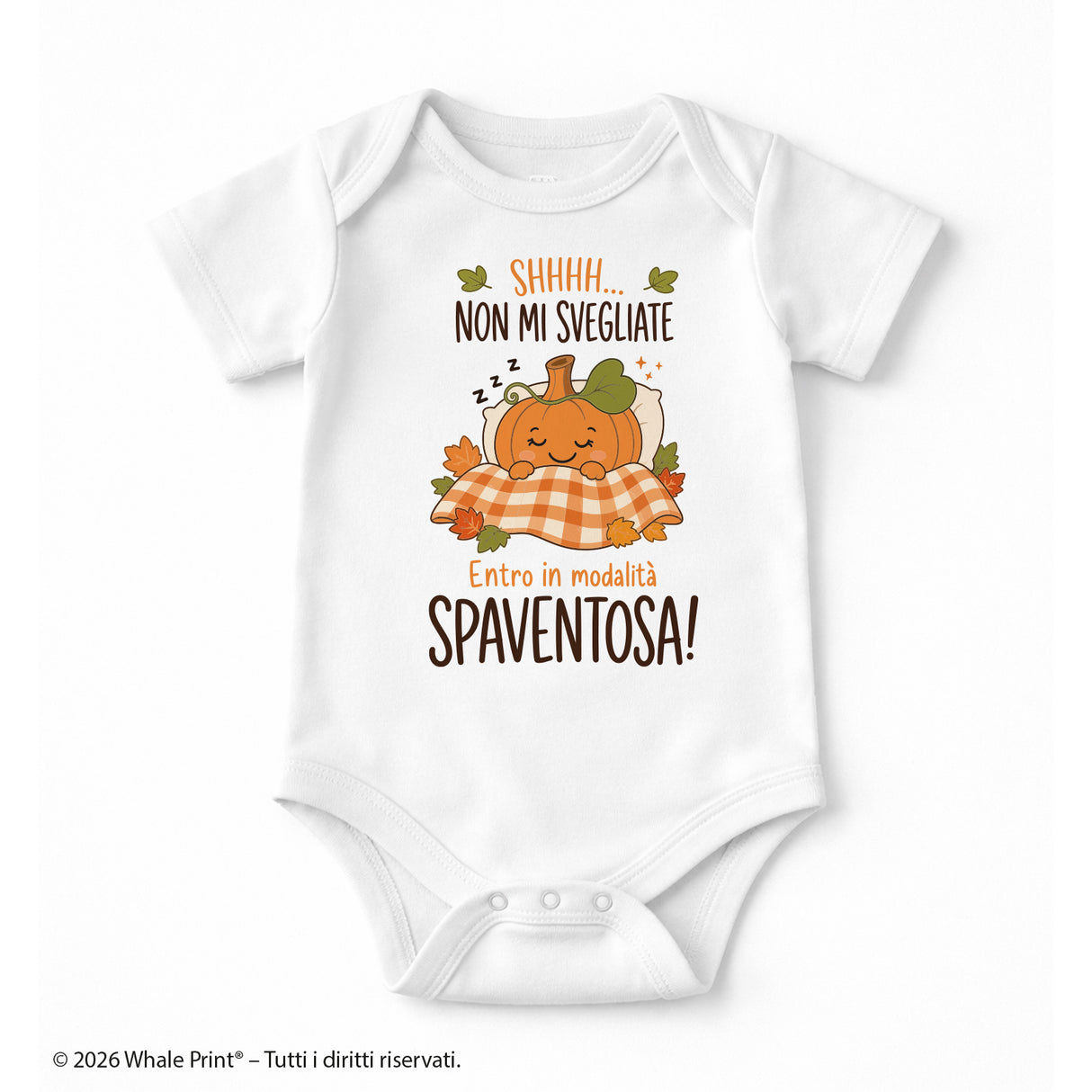 Body neonato bianco con stampa zucca e scritta “SHHH… NON MI SVEGLIATE”