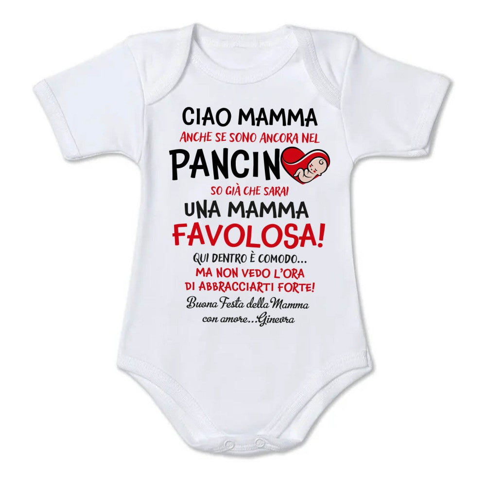 Body neonato bianco con grafica centrale "PANCINO" e scritte Una mamma favolosa