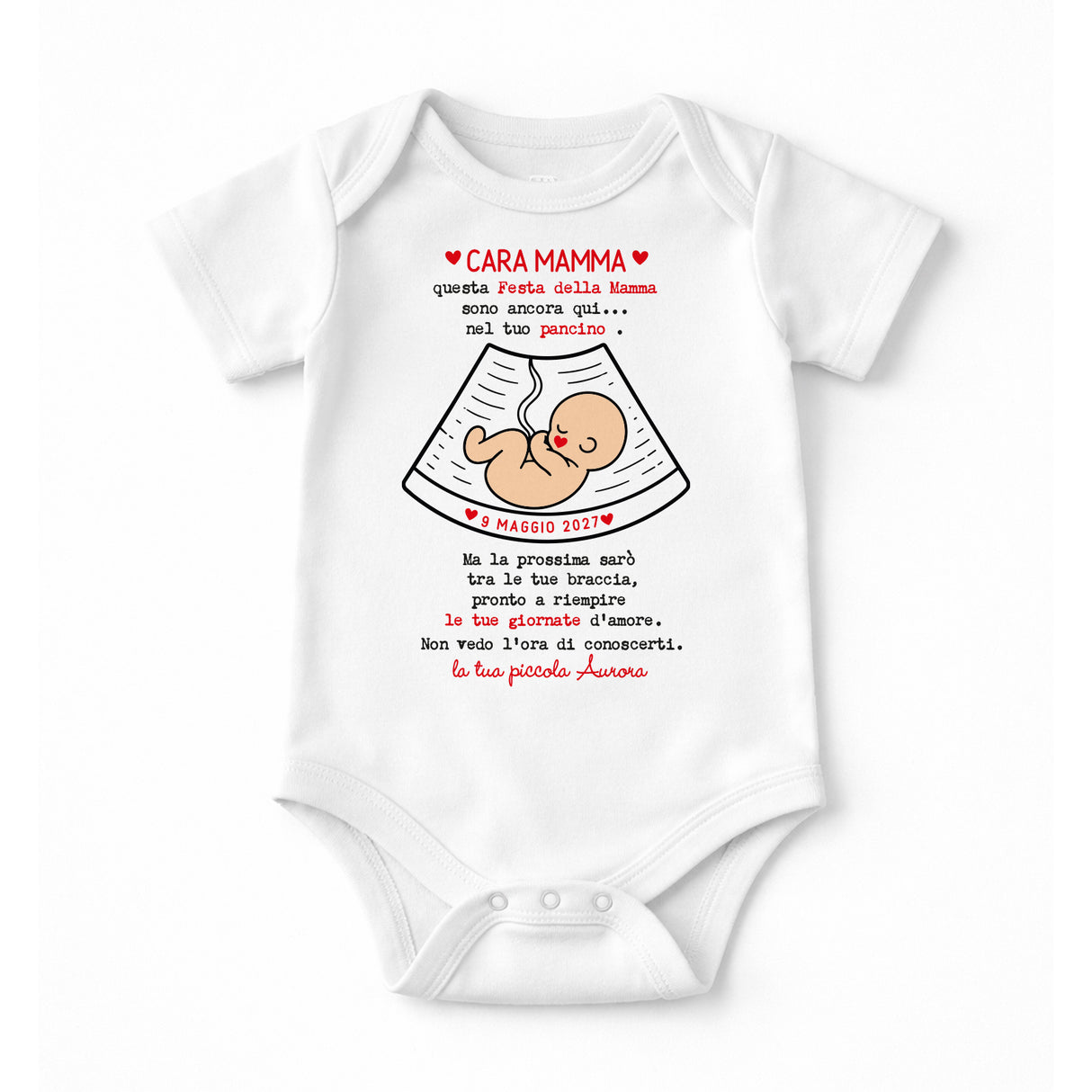 Body neonato bianco con stampa “CARA MAMMA” e illustrazione bimbo con cuore
