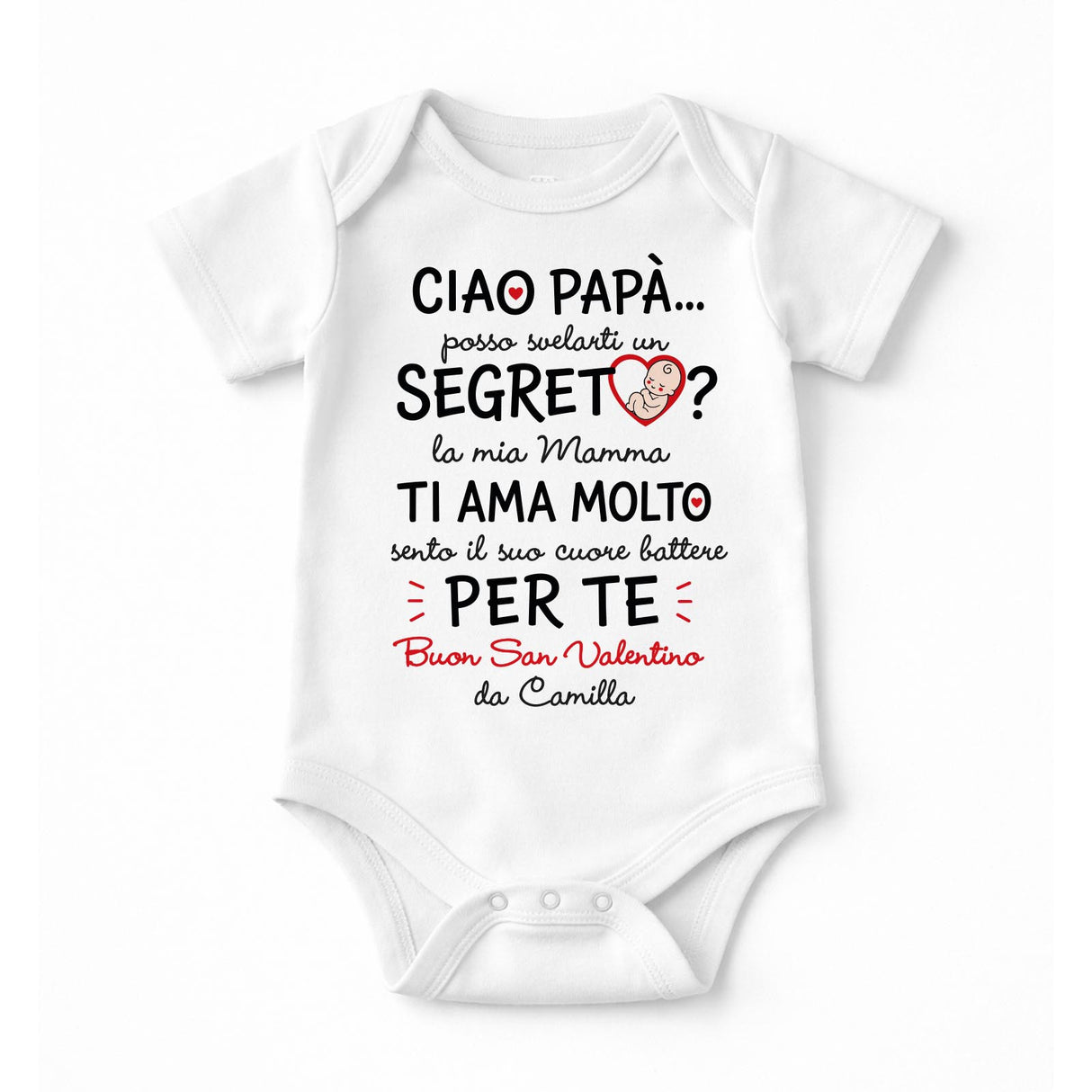 Body neonato bianco con scritta “Ciao Papà… Segreto” e “Per te”, maniche corte